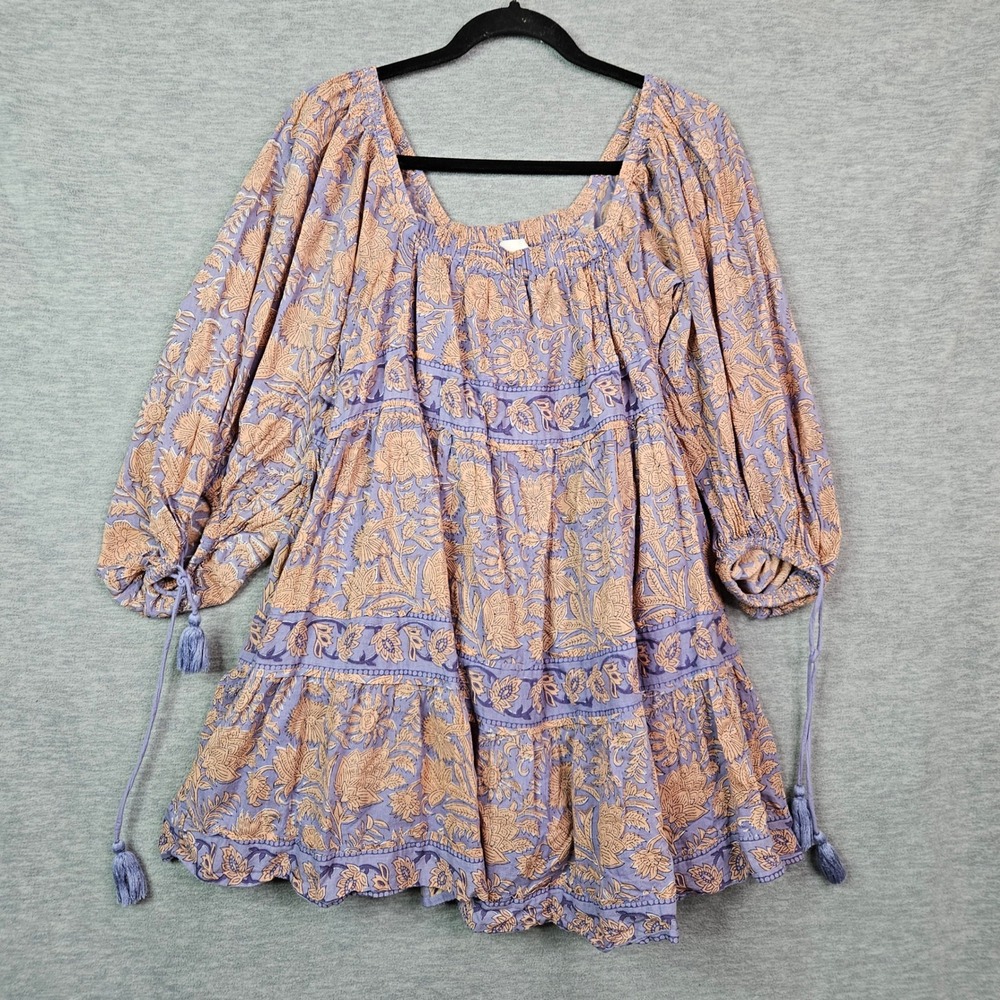 Cleobella Purple Peach Woodblock Floral Organic Cotton Tiered Mini Dress XS